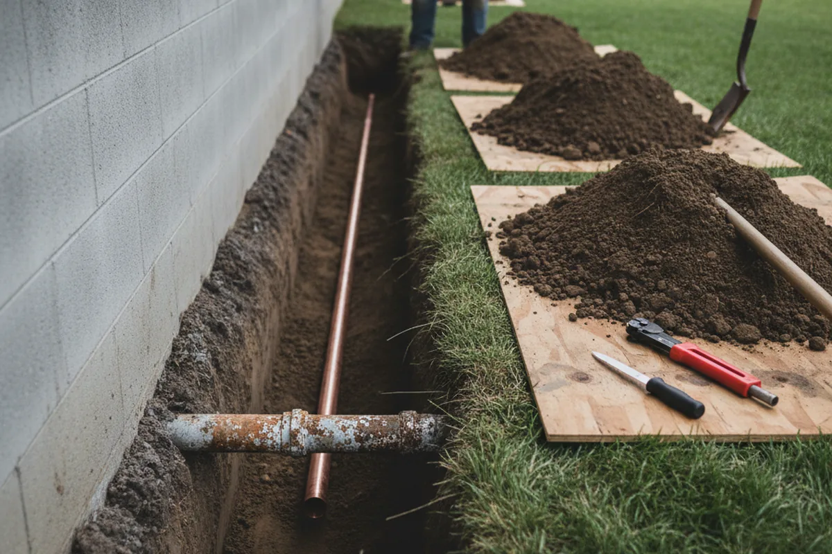 Excavated water line trench during Sewer Line Repair in Smithsburg